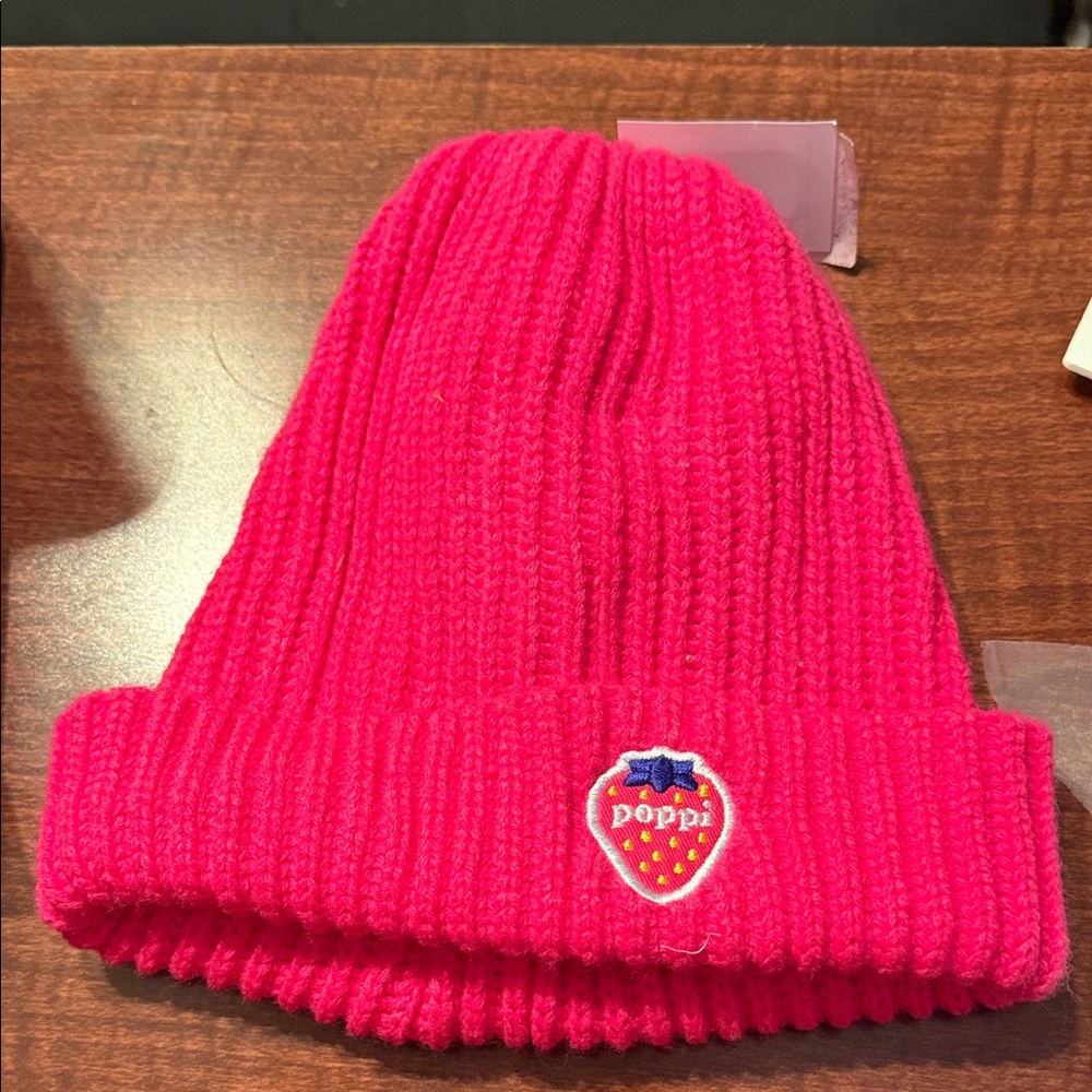 Poppi Vibrant Pink Knit Beanie with Strawberry Emblem